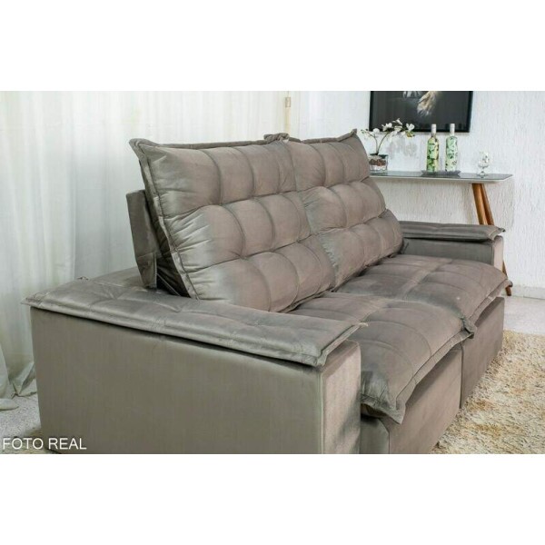 Sof Retrtil Reclinvel Atenas 2.10m Veludo Cinza 813 D33 e Molas Ensacadas