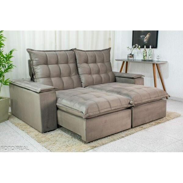 Sof Retrtil Reclinvel Atenas 2.10m Veludo Cinza 813 D33 e Molas Ensacadas