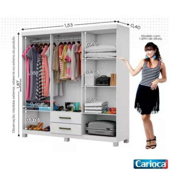 Roupeiro Solteiro �ries Branco 6 Portas 2 Gavetas C/P�s Larg. 1.53m - Carioca
