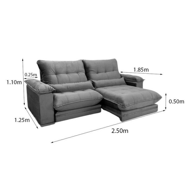 Sof Retrtil Reclinvel Ibis 2.50m Veludo Cinza 814 - D33 e Molas Ensacadas