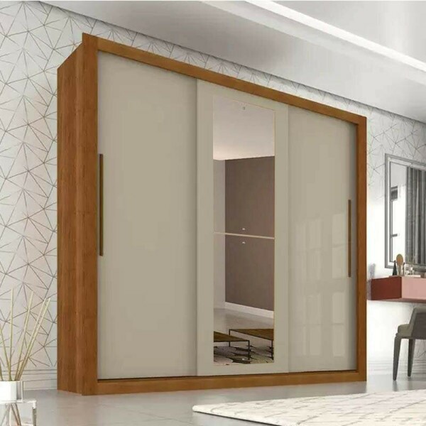 Roupeiro Casal New Panam Cinamomo/Off 3 Portas 4 Gavetas C/ 1 Espelho Larg. 1.85m - Sallto