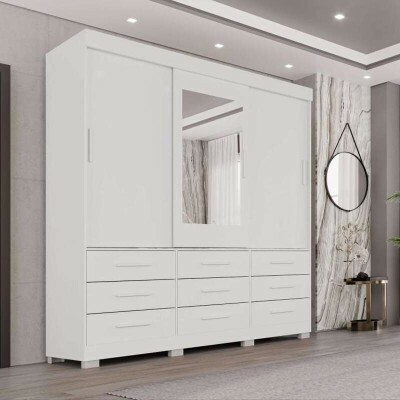 Guarda-Roupa Casal New Star 3 Portas 9 Gavetas Branco c/ 1 Espelho c/P�s Larg. 1.80m Sall�to