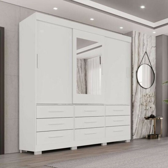 Guarda-Roupa Casal New Star 3 Portas 9 Gavetas Branco c/ 1 Espelho c/P�s Larg. 1.80m Sall�to