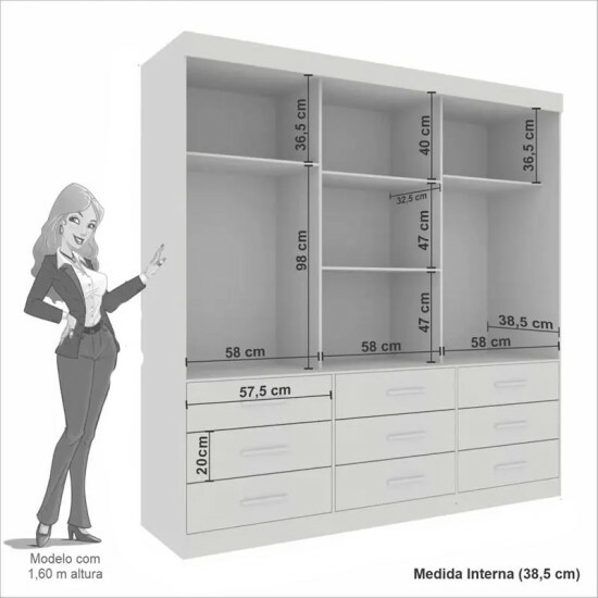 Guarda-Roupa Casal New Star 3 Portas 9 Gavetas Branco c/ 1 Espelho c/P�s Larg. 1.80m Sall�to