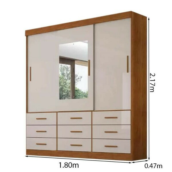 Roupeiro New Star Cinamomo/Off 3 Portas 9 Gavetas C/ 1 Espelho Larg. 1.80m - Sallto
