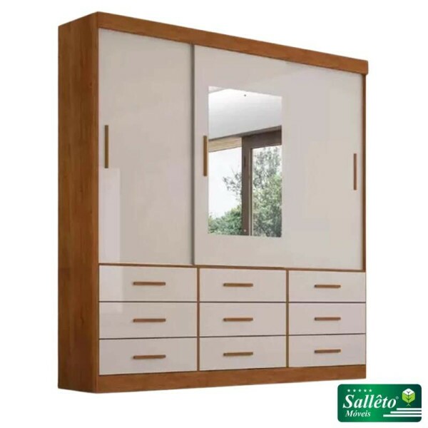 Roupeiro New Star Cinamomo/Off 3 Portas 9 Gavetas C/ 1 Espelho Larg. 1.80m - Sallto
