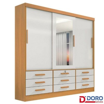 Guarda-roupa Casal Meridian Plus Cinamomo/Off 3 Portas 9 Gavetas C/ 1 Espelho Larg. 2.00m - D Doro