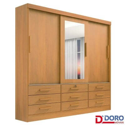 Guarda-roupa Casal Meridian Plus Cinamomo 3 Portas 9 Gavetas C/ 1 Espelho Larg. 2.00m - D Doro