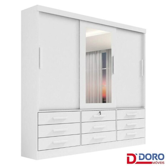 Guarda-roupa Casal Meridian Plus Branco 3 Portas 9 Gavetas C/ 1 Espelho Larg. 2.00m - D Doro